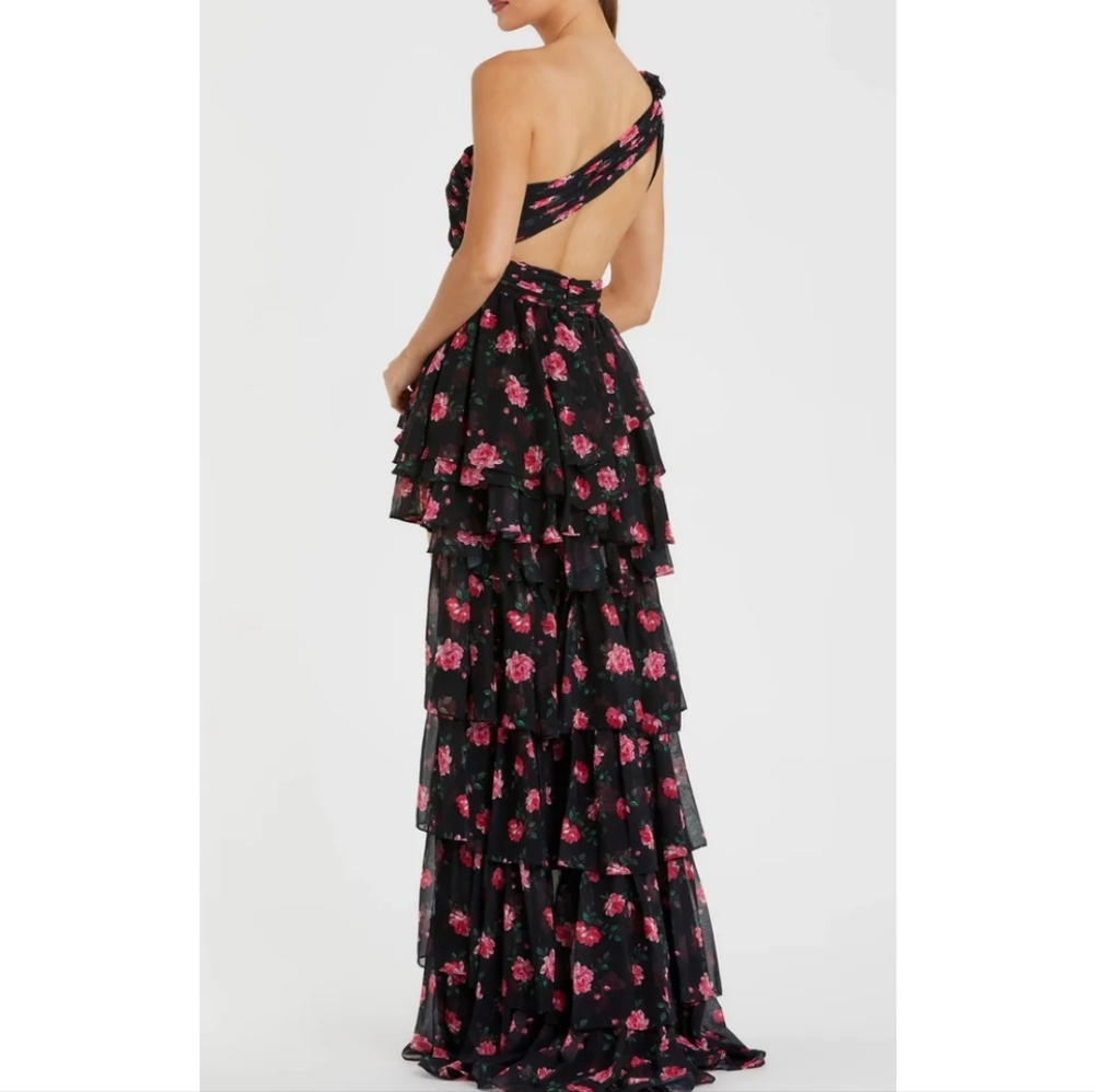 NWT! Mac Duggal Black One Shoulder Ruffled Rose Print Layered High-Low Dress - Picture 5 of 12